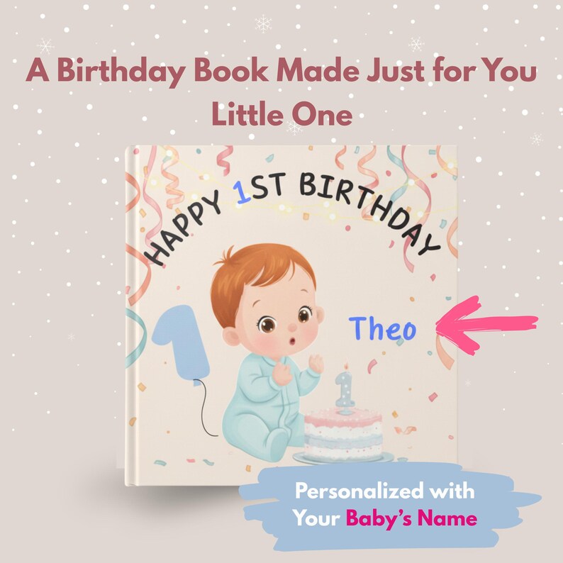 May include: A personalized birthday book for a little one. The cover features a cartoon baby, a cake with a number one candle, and the text "Happy 1st Birthday." The book is personalized with the baby's name.
