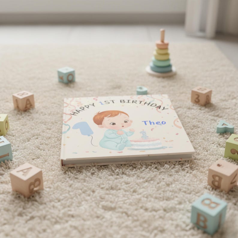 May include: A children's book with the text "Happy 1st Birthday" and the name "Theo" on the cover. The illustration shows a baby with a birthday cake. Wooden blocks and a stacking toy are scattered around the book.
