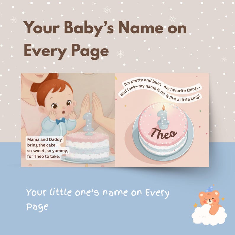 May include: An illustrated book spread with the text "Your Baby's Name on Every Page." One page shows a baby with a cake, the other a cake with "Theo" on it. The cake has a blue number one candle.