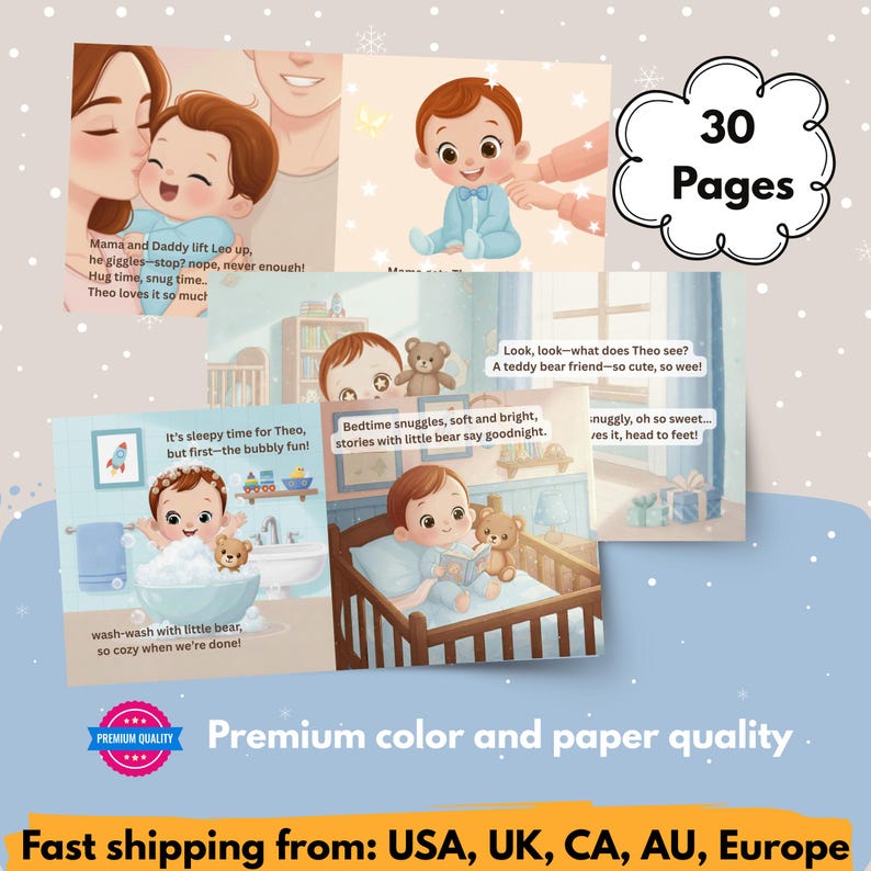 May include: A children's book with illustrations of a baby in various scenes, including bath time and bedtime. The book features colorful images and text, with the words "30 Pages" displayed prominently. The book is advertised as premium quality.