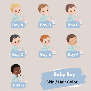 May include: Illustration of seven baby boys with different skin and hair colors, each with a small cake and a lit candle. Each baby is labeled with a letter from A to G. Text at the bottom reads "Baby Boy Skin / Hair Color."