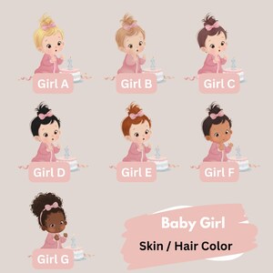May include: Illustration of seven baby girl characters with different skin and hair colors. Each girl is wearing a pink outfit and holding a candle. The text "Baby Girl Skin / Hair Color" is also present.