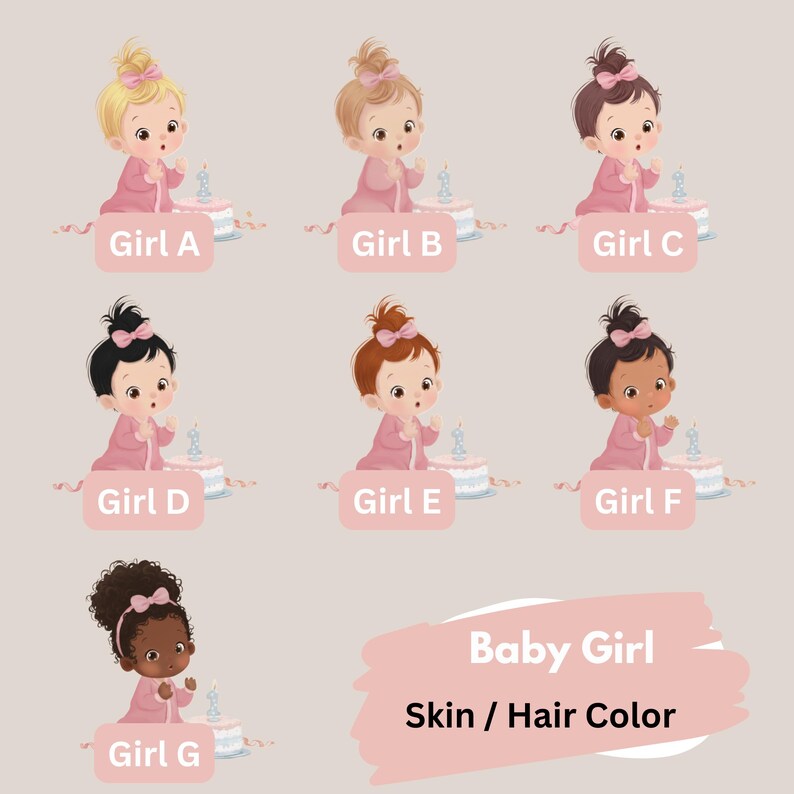 May include: Illustration of seven baby girl characters with different skin and hair colors. Each girl is wearing a pink outfit and holding a candle. The text "Baby Girl Skin / Hair Color" is also present.