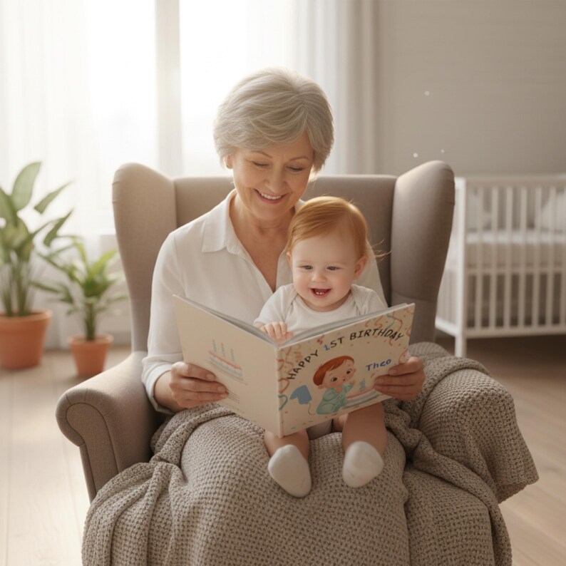 May include: A smiling baby sits on a woman's lap, both looking at a book. The book cover reads "Happy 1st Birthday Theo" with a cartoon illustration. The scene is set in a cozy room with a neutral color palette.