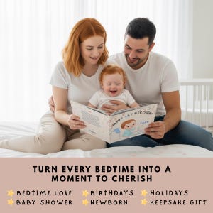 May include: A family reads a personalized children's book with the text "Happy 1st Birthday Thee." The book features a cartoon illustration of a baby. The image includes the text "Turn every bedtime into a moment to cherish."