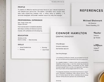 May include: A professional resume designed by Connor Hamilton, a graphic designer. The resume includes sections for profile, professional experience, education, and skills. The design is clean and modern, with a focus on readability. Contact information is included.