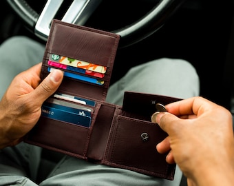 Pocket wallet leather - Wine leather wallet - Mens wallet engraved - Personalized wallet leather - Burgundy wallet - Wallet with coin pocket