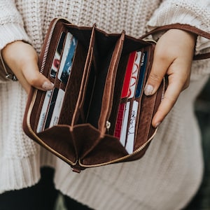 Leather wallet women - Large leather wallet - Monogrammed - Personalized - Ziparound wallet with wrist strap - Clutch - gift for her