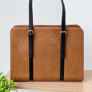 2-tone leather laptop bag MacBook Pro/Air 13 /15/16/17 inch Work bag women Messenger Leather briefcase Graduation gift Office Caramel - Black