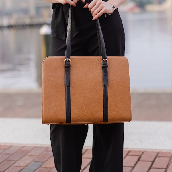 2-tone leather laptop bag - MacBook Pro/Air 13 /15/16/17 inch - Work bag women - Messenger - Leather briefcase - Graduation gift - Office