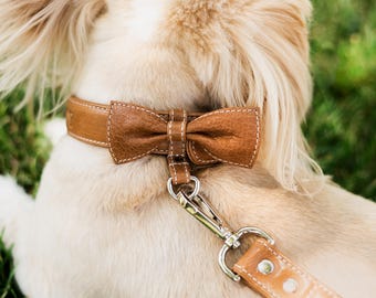 Custom Luxury Full Grain Leather Dog Collar and Leash Set - Bow Tie Design - Add Name - 4ft Leash - Personalized Pet Gift - 3 Colors