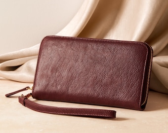 Cartera de piel con correa para la muñeca - Cartera personalizada mujer - Regalo para ella - Cartera de piel rosa - Cartera grande de piel mujer - Clutch