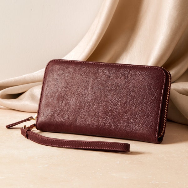 Cartera de piel con correa de muñeca - Cartera personalizada mujer - Regalo para ella - Cartera de piel con cremallera - Cartera grande de piel mujer - Clutch