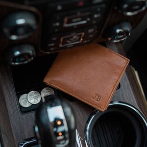 Men's leather wallet Personalized Monogrammed Bifold wallet with coin pocket Father's day gift For dad Husband Anniversary image 1