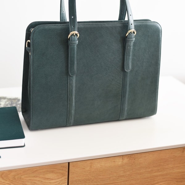 Large Leather Briefcase for Attorney - Fits laptops up to 17" & Legal size folders - Organized Interior, Carry-On Strap - Professional Tote