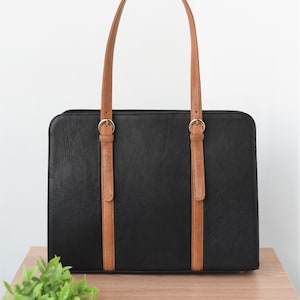 2-tone leather laptop bag MacBook Pro/Air 13 /15/16/17 inch Work bag women Messenger Leather briefcase Graduation gift Office Black - Caramel