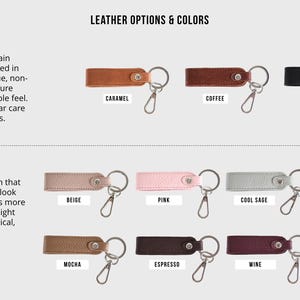Op de afbeelding: Leren sleutelhangers in diverse kleuren: karamel, koffie, zwart, beige, roze, koele salie, turquoise, mokka, espresso, wijn en marine. De afbeelding toont twee leersoorten: getrommeld en generfd.