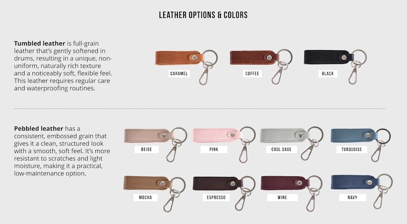 Op de afbeelding: Leren sleutelhangers in diverse kleuren: karamel, koffie, zwart, beige, roze, koele salie, turquoise, mokka, espresso, wijn en marine. De afbeelding toont twee leersoorten: getrommeld en generfd.