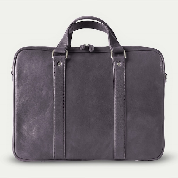 Gray leather messenger - Mens messenger bag - Messenger briefcase - Laptop briefcase - Slim briefcase men - Leather laptop bag - 15 inch