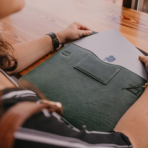 Aloe green full-grain leather laptop sleeve with interior business card pocket and magnetic closure—MacBook being inserted, slim protective case