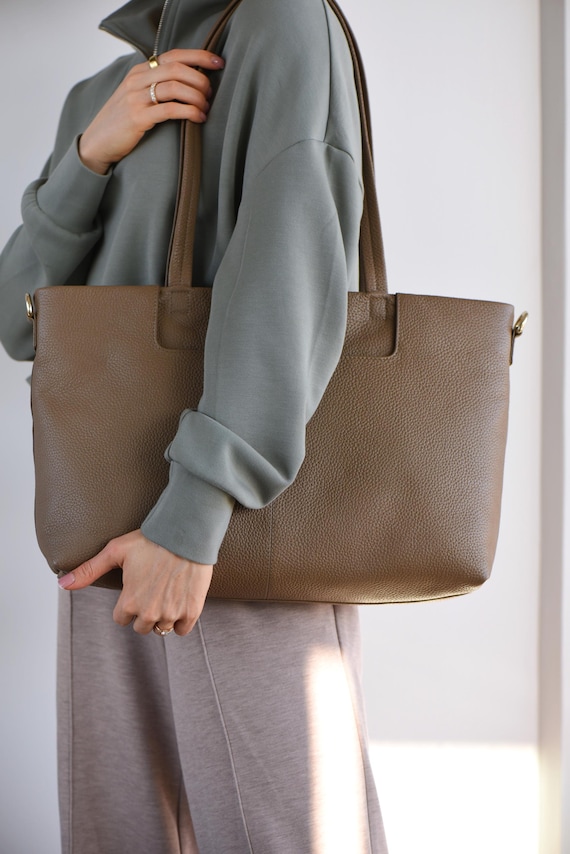 Leather Laptop Work Tote Bag with Zipper - Lining, Pockets, Crossbody Strap, Key Leash - Personalized