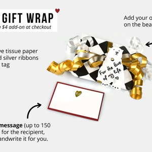 Gift wrapping option with gold and silver ribbons, bear tag, and handwritten note card – wallet gift wrap add-on