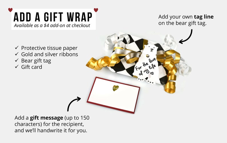 Gift wrapping option with gold and silver ribbons, bear tag, and handwritten note card – wallet gift wrap add-on