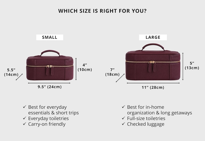 Size comparison of two toiletry bags - small and large. One is best for everyday essentials and the other one for in-home organization and long trips.