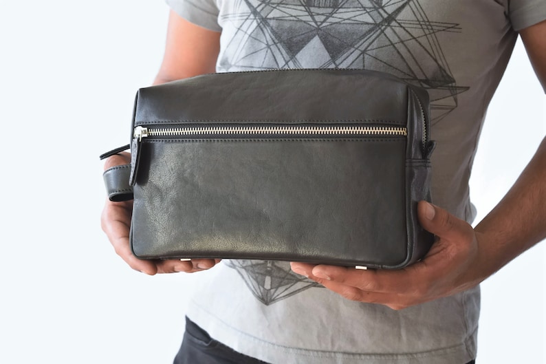 Black Leather Shaving Bag Mens Toiletry Bag Black Dopp Kit Etsy