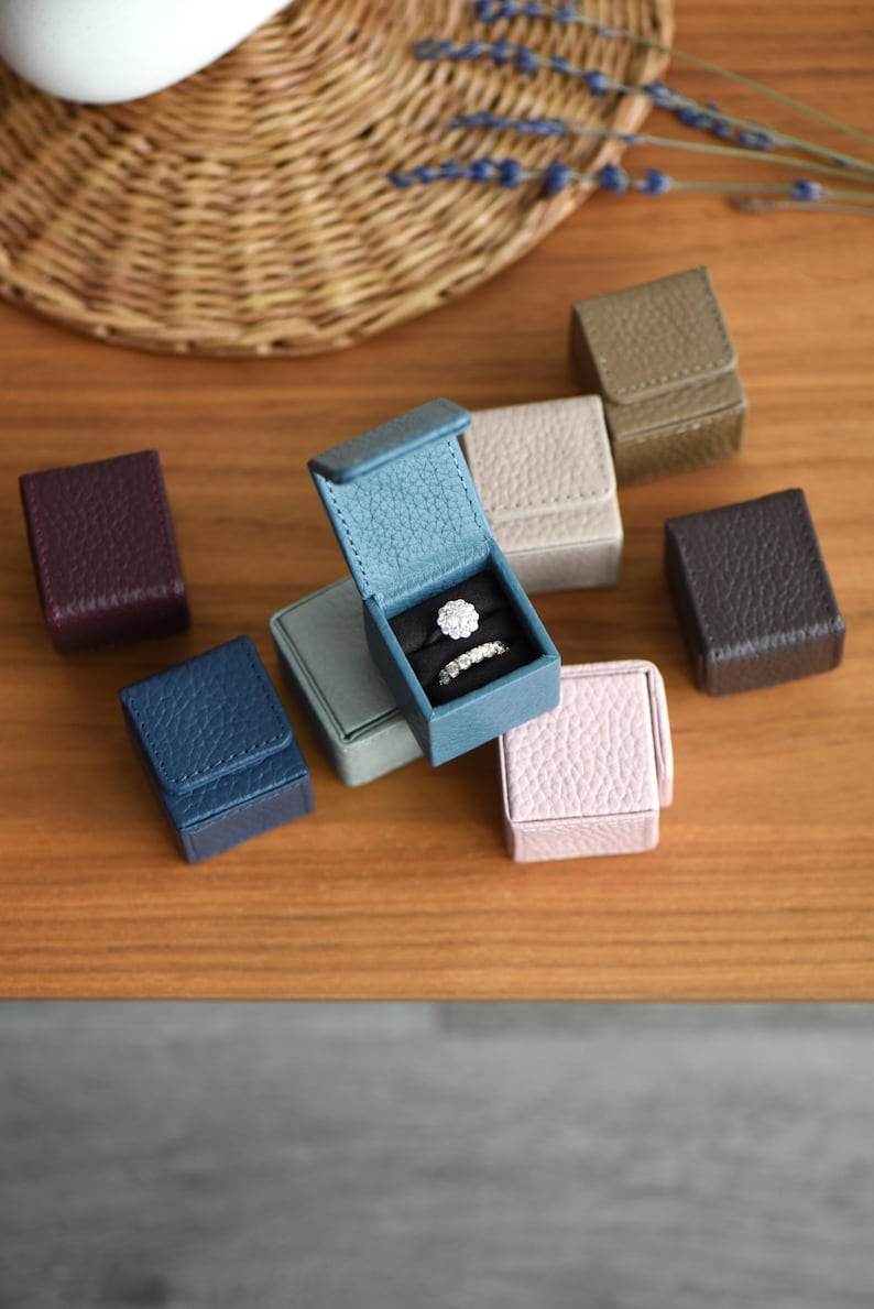 Tiny Personalized Leather Ring Box with Magnetic Flap - Wedding Engagement Ring Case - Cufflinks Box - Stud Earrings - Valentine's day gift image 11