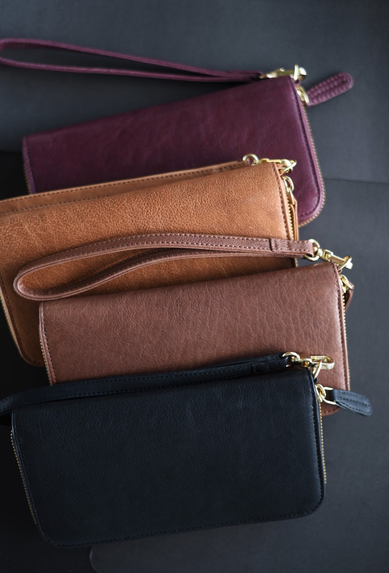 Cartera grande de piel para mujer - Cartera con correa para la muñeca - Cartera con cremallera personalizada - Regalo para el Día de la Madre - Regalo para ella - Aniversario imagen 8
