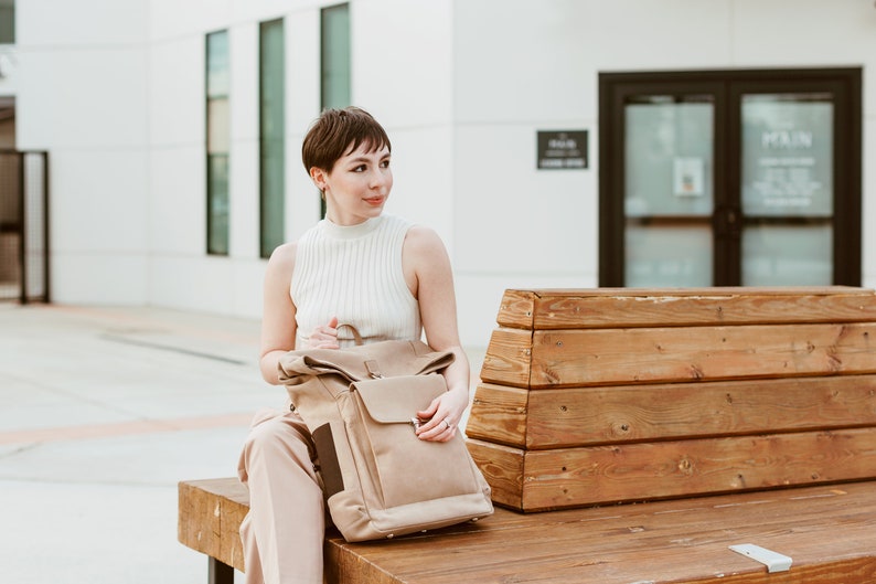 Top roll backpack Commuter backpack 16 inch laptop backpack Beige Nubuck leather Convertible Large leather backpack Full grain image 7