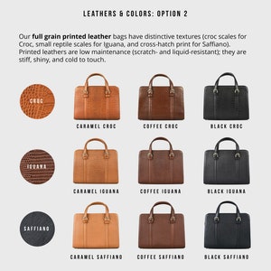 Color chart of full grain printed leather handbags – croc, iguana, saffiano textures in caramel, coffee, black.