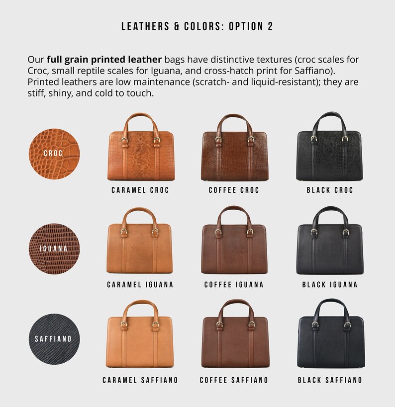 Color chart of full grain printed leather handbags – croc, iguana, saffiano textures in caramel, coffee, black.
