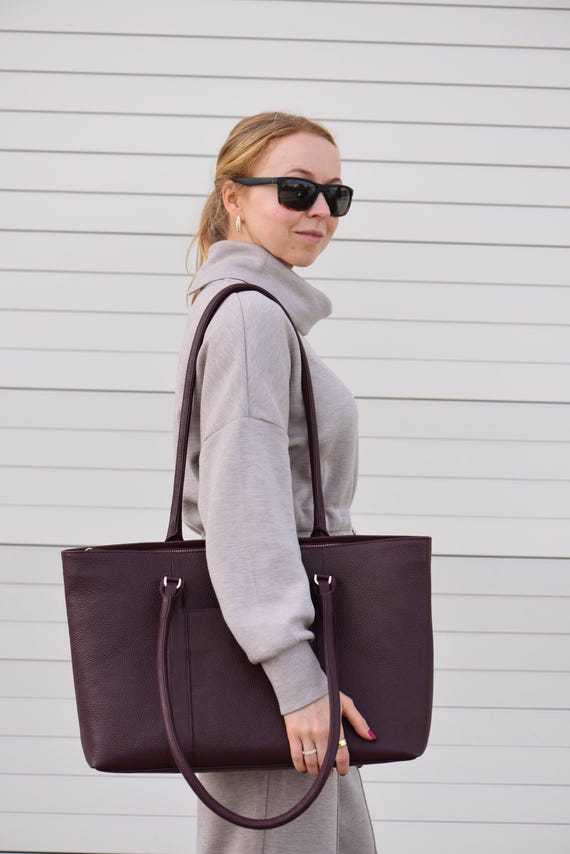 Leather Travel Work Tote Bag for Women - Top Zipper, Lining, Zip Pouch, Key Leash, Trolley Strap - Front & Internal Pockets