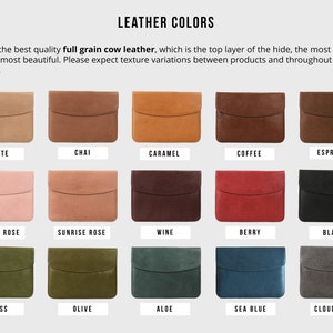 Leather color swatches for a product. The swatches are arranged in five rows of five. The colors are: Latte, Chai, Caramel, Coffee, Espresso, White Rose, Sunrise Rose, Wine, Berry, Black, Moss, Olive, Aloe, Sea Blue, and Cloud Gray.