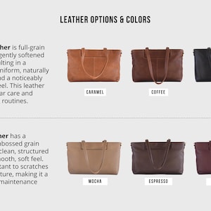 May include: Image showcasing leather tote bags in various colors: caramel, coffee, black, mocha, espresso, and wine. The bags are displayed with the text "Leather Options & Colors". The image also describes the leather types: tumbled and pebbled.