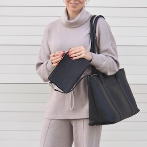 Large Leather Tote Bag with Top Zipper - Lining, Zipper Pouch, Key Leash, Trolley Strap - Front & Internal Pockets