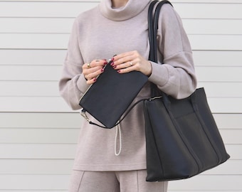 Large Leather Tote Bag with Top Zipper - Lining, Zipper Pouch, Key Leash, Trolley Strap - Front & Internal Pockets