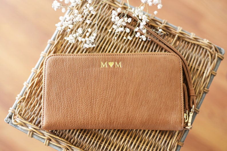 Cartera grande de piel para mujer - Cartera con correa para la muñeca - Cartera con cremallera personalizada - Regalo para el Día de la Madre - Regalo para ella - Aniversario imagen 10