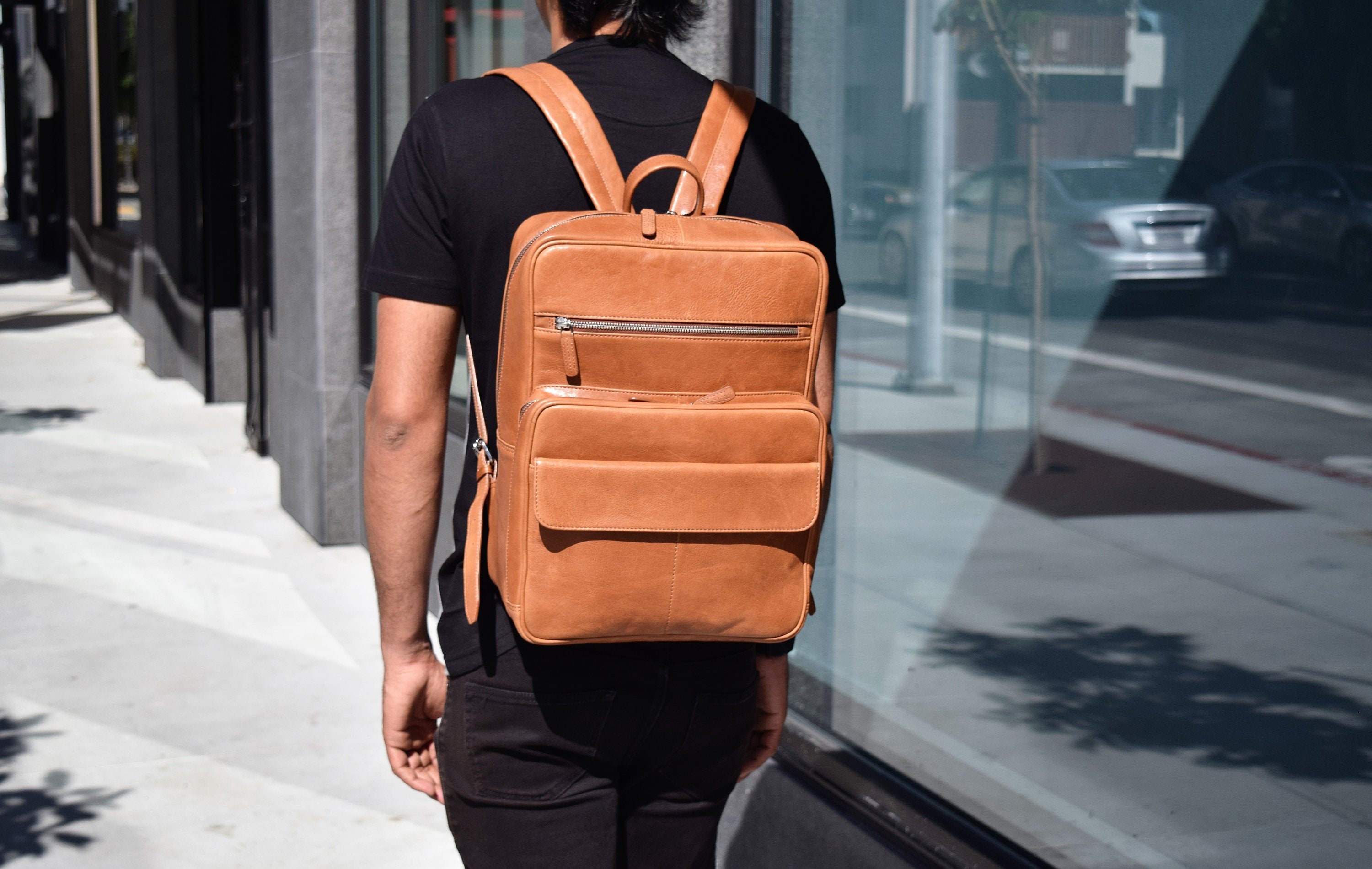 Tan leather laptop backpack Clearance