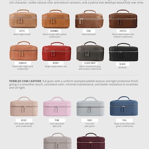 Puede incluir: Una tabla de colecci&oacute;n de cuero que muestra neceseres rectangulares en dos texturas: cuero de vaca volteado y cuero de vaca granulado. La tabla enumera varios colores, incluidos latte, caramelo, chai, caf&eacute;, sunrise, berry, cloud gray, negro, beige, rosa, salvia, verde azulado, stone y vino, cada uno con asa superior y cierre de doble cremallera.