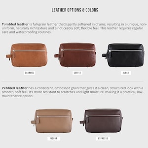 May include: Image showcasing leather options and colors. Includes caramel, coffee, and black tumbled leather bags, and mocha and espresso pebbled leather bags. Text describes the leather types and their characteristics.