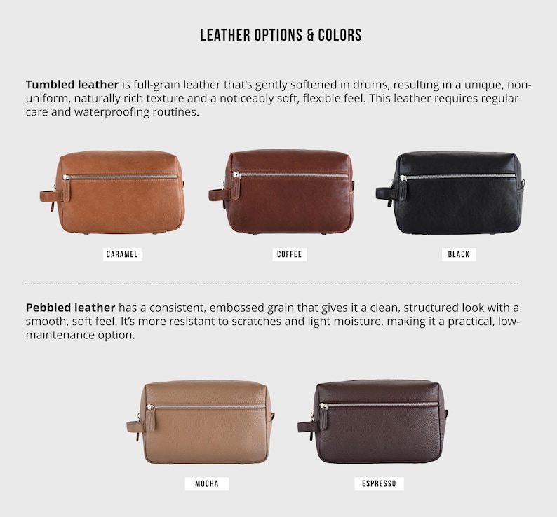 May include: Image showcasing leather options and colors. Includes caramel, coffee, and black tumbled leather bags, and mocha and espresso pebbled leather bags. Text describes the leather types and their characteristics.