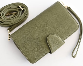 Small leather crossbody purse - Large bifold wallet for her - Personalized leather wallet - Crossbody wallet women - With a wrist strap