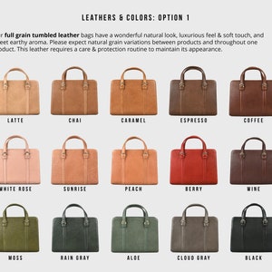 Color chart of full grain tumbled leather handbags – latte, chai, caramel, espresso, coffee, white rose, sunrise, peach, berry, wine, moss, rain gray, aloe, cloud gray, black.