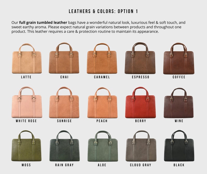 Color chart of full grain tumbled leather handbags – latte, chai, caramel, espresso, coffee, white rose, sunrise, peach, berry, wine, moss, rain gray, aloe, cloud gray, black.