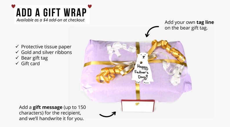 May include: A wrapped gift in lavender tissue paper, adorned with gold and silver ribbons. A bear gift tag says "Happy Father's Day!" A small gift card is included. The text "ADD A GIFT WRAP" is at the top.