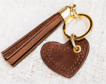 Tassel heart keychain - Leather heart key chain - Tassel fob with little leather heart - Personalized - Custom - Tassel bag charm - Heart