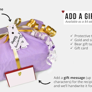 Gift-wrap option for leather toiletry bag — tissue paper, gold & silver ribbons, gift tag and handwritten message card